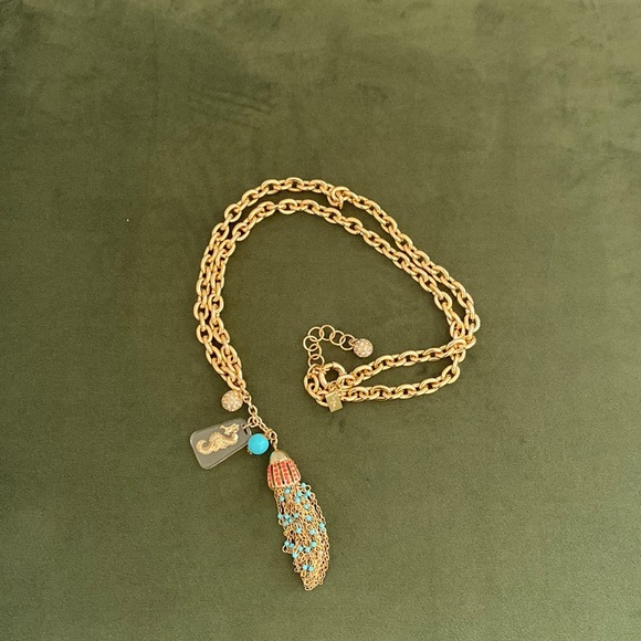 Lilly Pulitzer Women’ Seahorse Turquoise Tassel Necklace GoldTone -22”L Like New - Picture 3 of 7